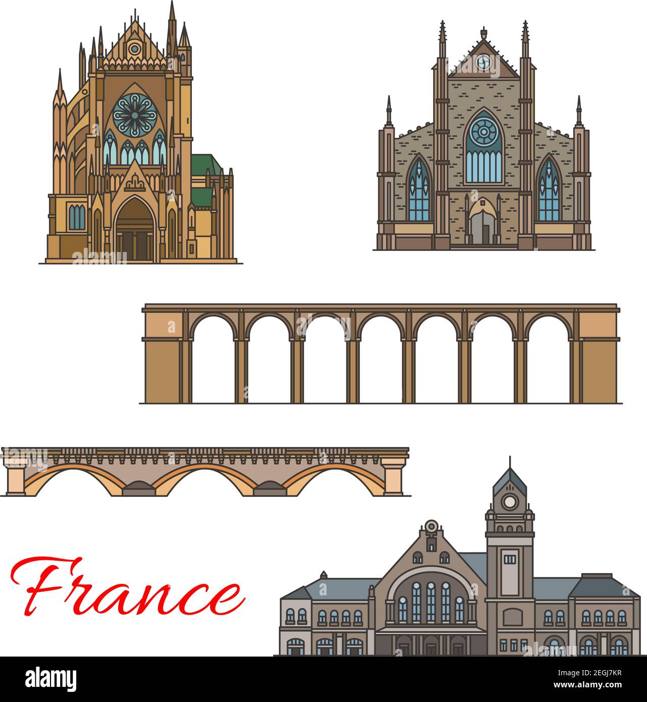 Voyage point de repère de la France icône de ligne mince avec l'ancienne architecture. Pont de pierre à Dinan et Metz, cathédrale Saint-Étienne, église Saint-Malo et chemin de fer St Illustration de Vecteur