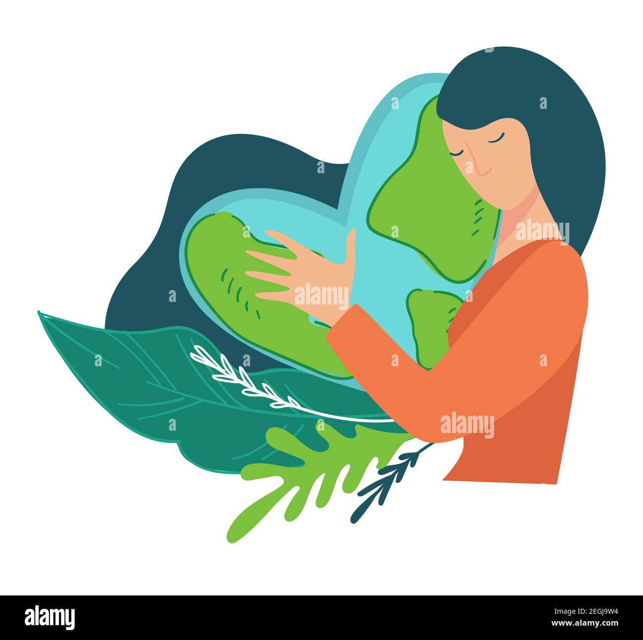 Prendre soin de la planète, femme embrassant la terre en forme de coeur Illustration de Vecteur