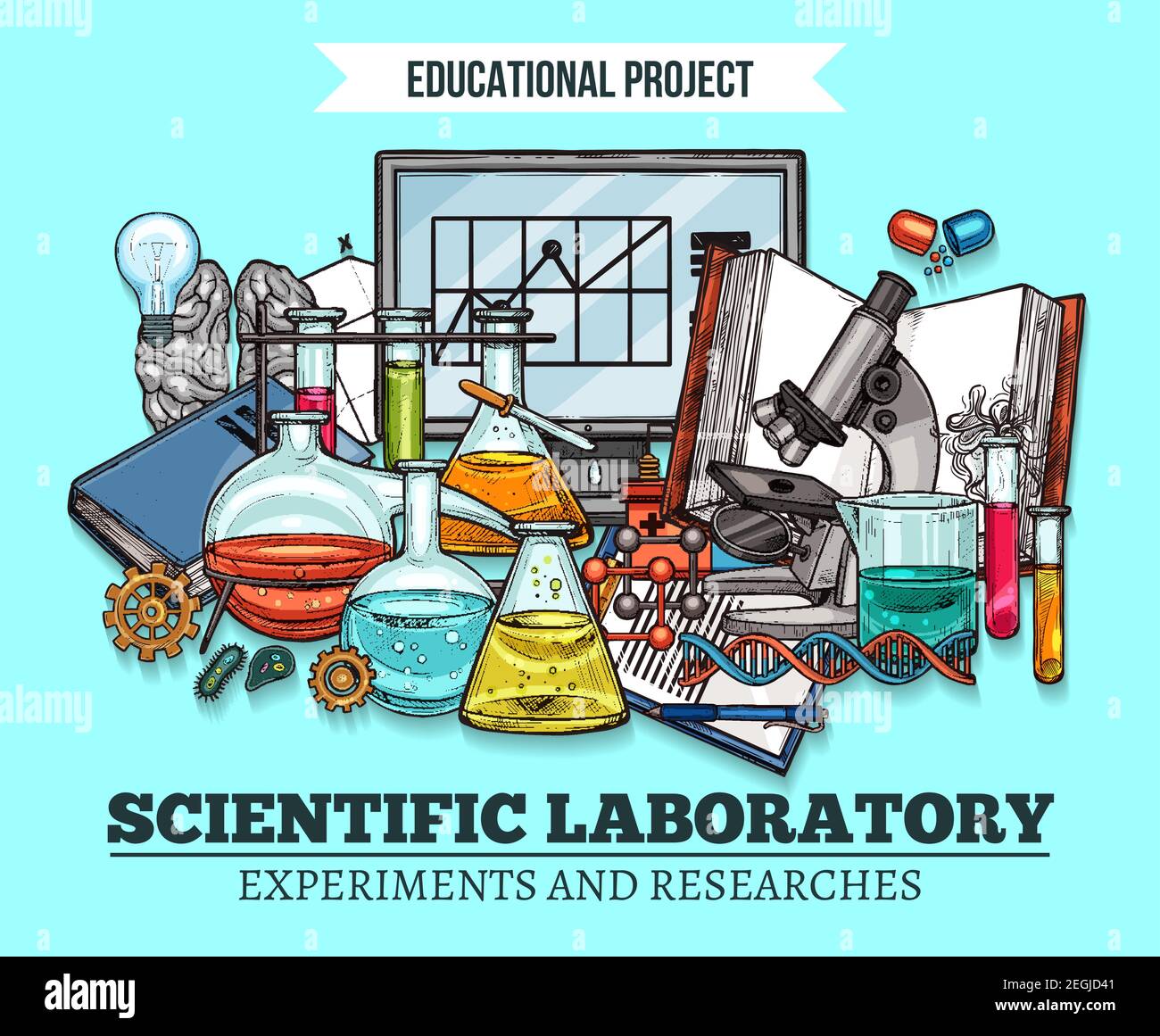 Affiche de croquis de laboratoire scientifique pour la recherche et les expériences scientifiques. Conception vectorielle de la molécule d'ADN génétique, béchers de laboratoire chimique et scie Illustration de Vecteur