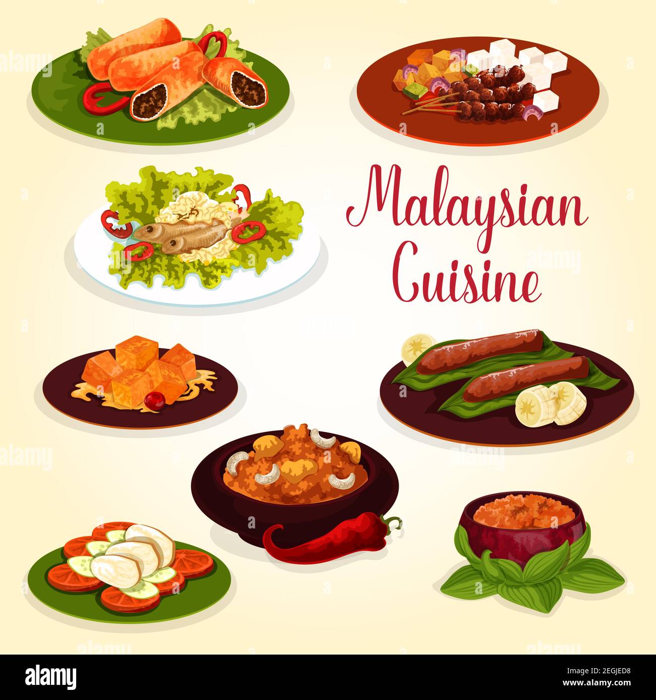 Cuisine malaisienne, icône de la cuisine exotique pour le menu du déjeuner. Poulet sur un lit de riz et de légumes, poisson avec fève et rouleau de viande, cari de masala de bœuf, grillé Illustration de Vecteur