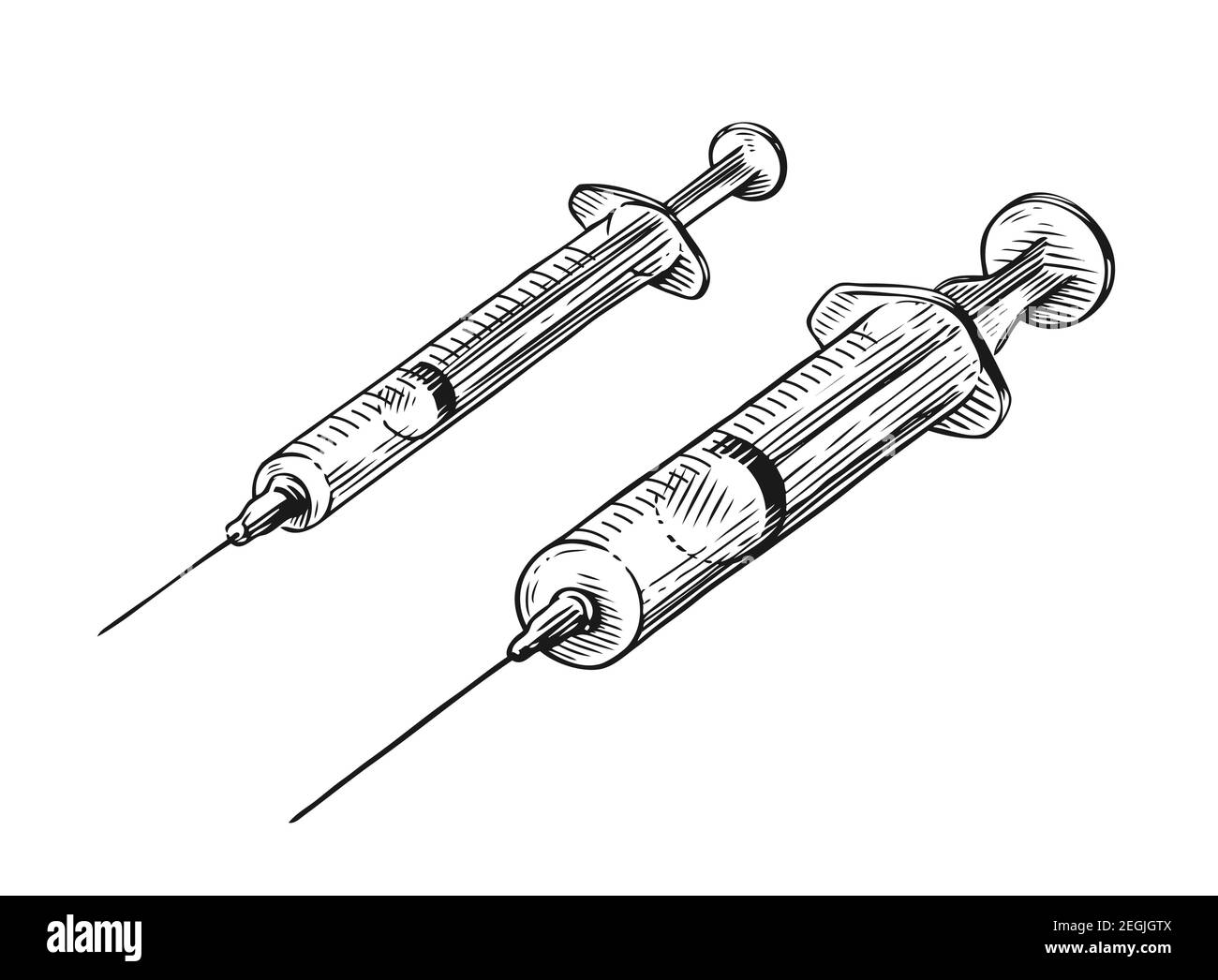 Seringue avec vaccin, dessin à la main. Médecine, illustration de vecteur de médicament vintage Illustration de Vecteur