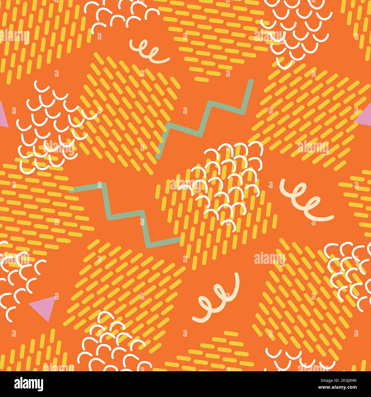 Style Memphis Beach Party vector sans coutures. Arrière-plan abstrait des formes géométriques. Carrés de style gaufré, zigzag et lignes courbes sur orange Illustration de Vecteur