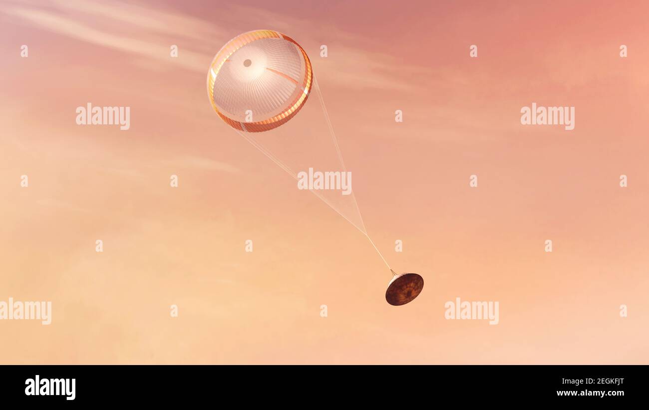 18 février 2021. Cette image mise à disposition par la NASA montre une illustration de la persévérance rover de la NASA qui déploie un parachute supersonique de son aérosol alors qu'il ralentit avant l'atterrissage. Jeudi dernier, le rover de la NASA a touché Mars en toute sécurité, lançant ainsi la neuvième mission de l'agence sur la planète Rouge. (NASA/JPL-Caltech/Handout via Xinhua) Credit: Xinhua/Alay Live News Banque D'Images