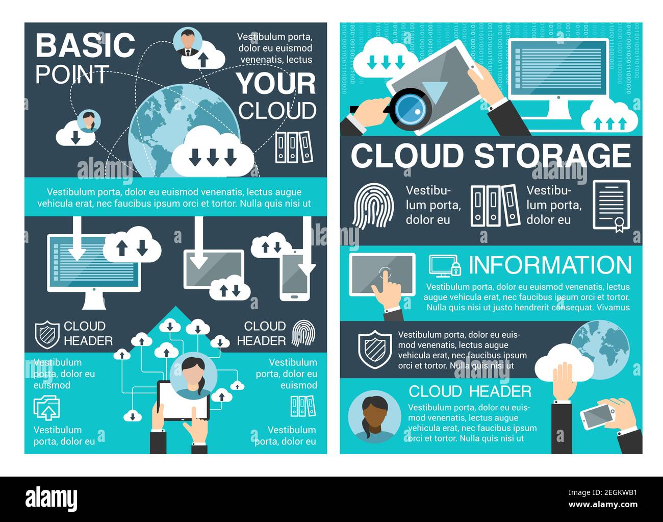 Ensemble de bandeaux de concept de stockage dans le cloud pour les technologies de l'information dans le cloud computing. Appareils numériques d'ordinateur, de téléphone mobile et d'ordinateur portable communiquant et sha Illustration de Vecteur