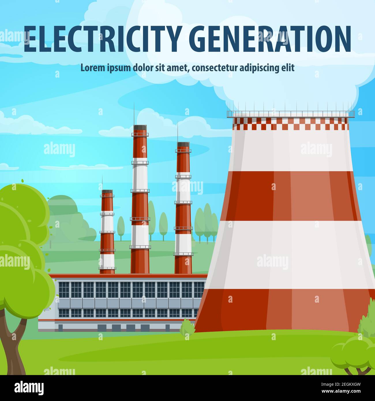 Affiche de production d'électricité avec centrale thermique au charbon ou nucléaire. Bâtiment industriel avec tour de refroidissement, cheminée de gaz de combustion et arbre vert Illustration de Vecteur