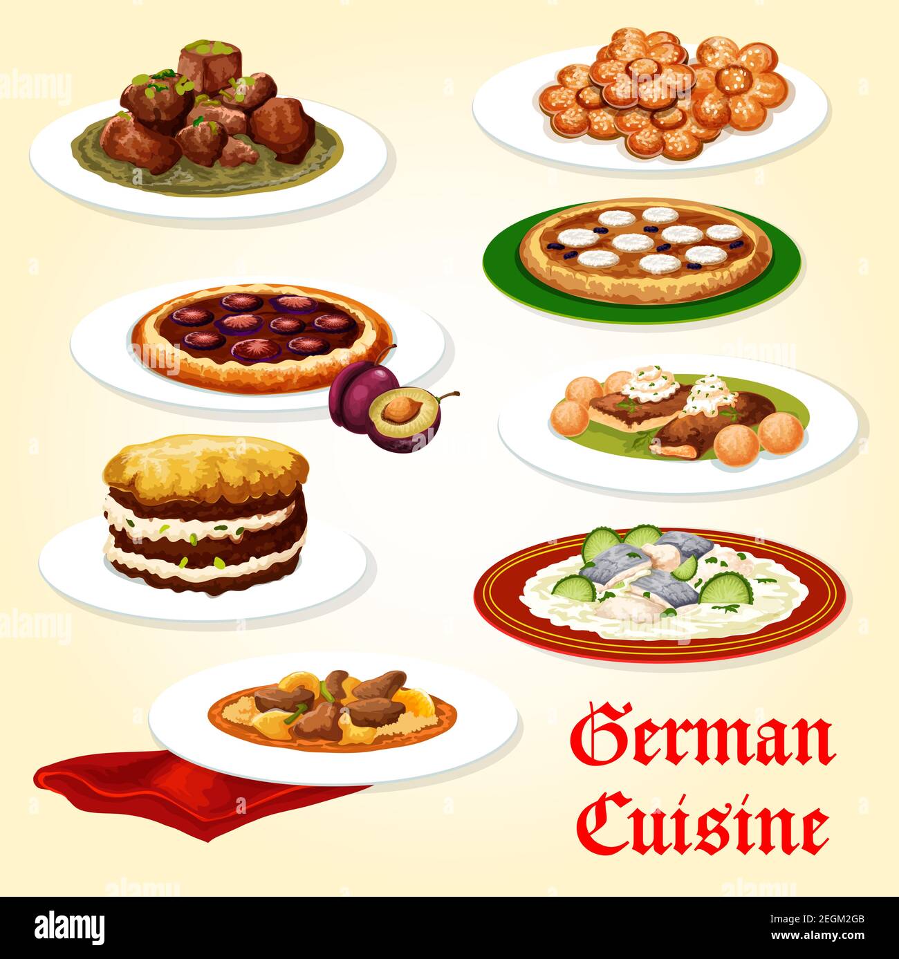 Cuisine allemande icône du dîner avec plat de viande et dessert. Cocotte de saucisse de pomme de terre, soupe de poisson avec boulettes et ragoût de porc avec bière, schnitzel recouvert d'un mélange d'humour Illustration de Vecteur