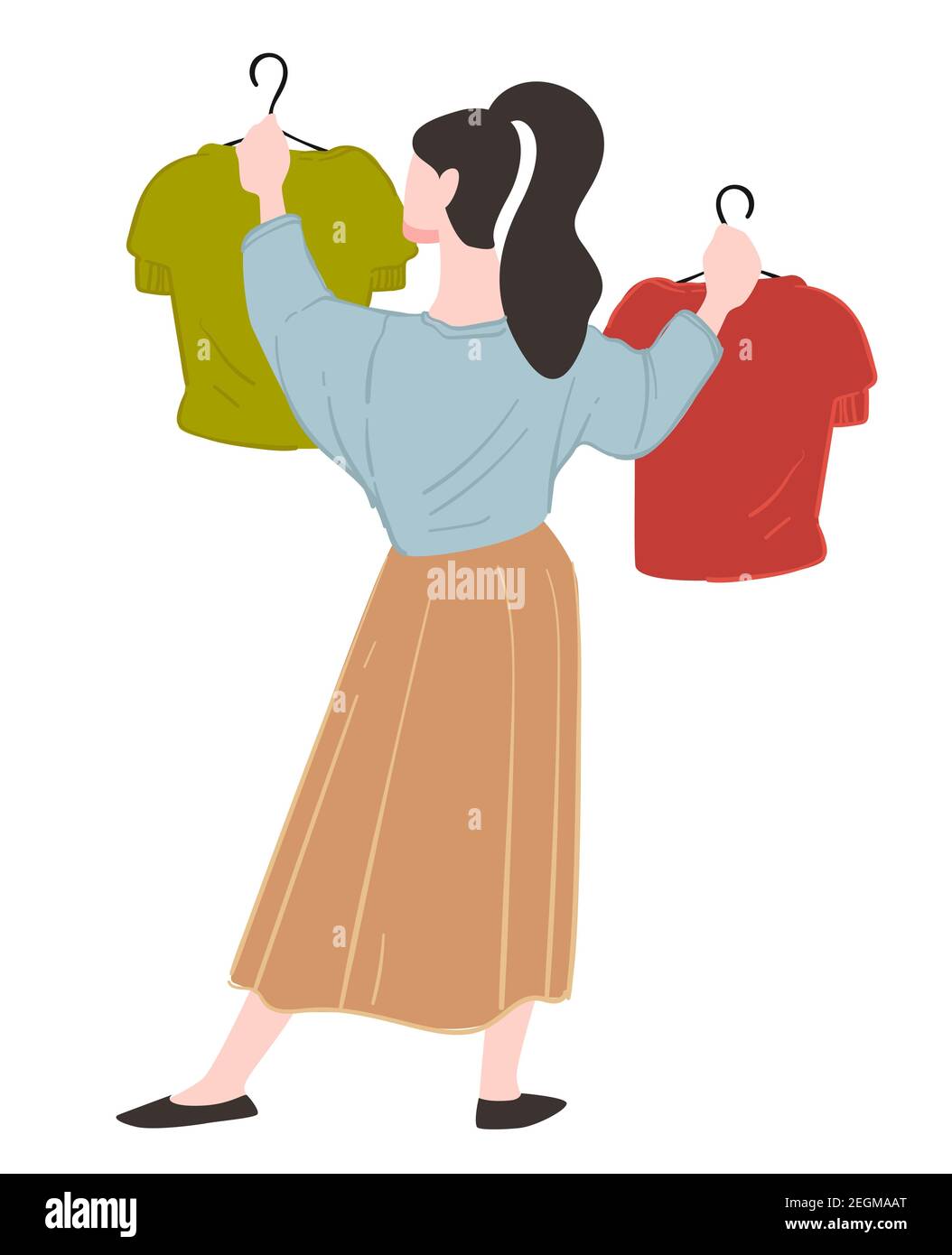 Une femme qui fait du shopping choisit des vêtements sur un cintre en magasin Illustration de Vecteur