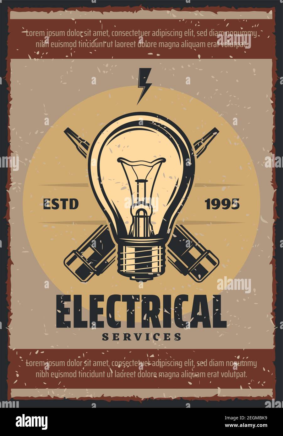 Affiche ancienne sur les services électriques pour la réparation de  l'électricité. Design vectoriel rétro de l'ampoule et du tournevis testeur  de tension pour l'énergie et la puissance Image Vectorielle Stock - Alamy