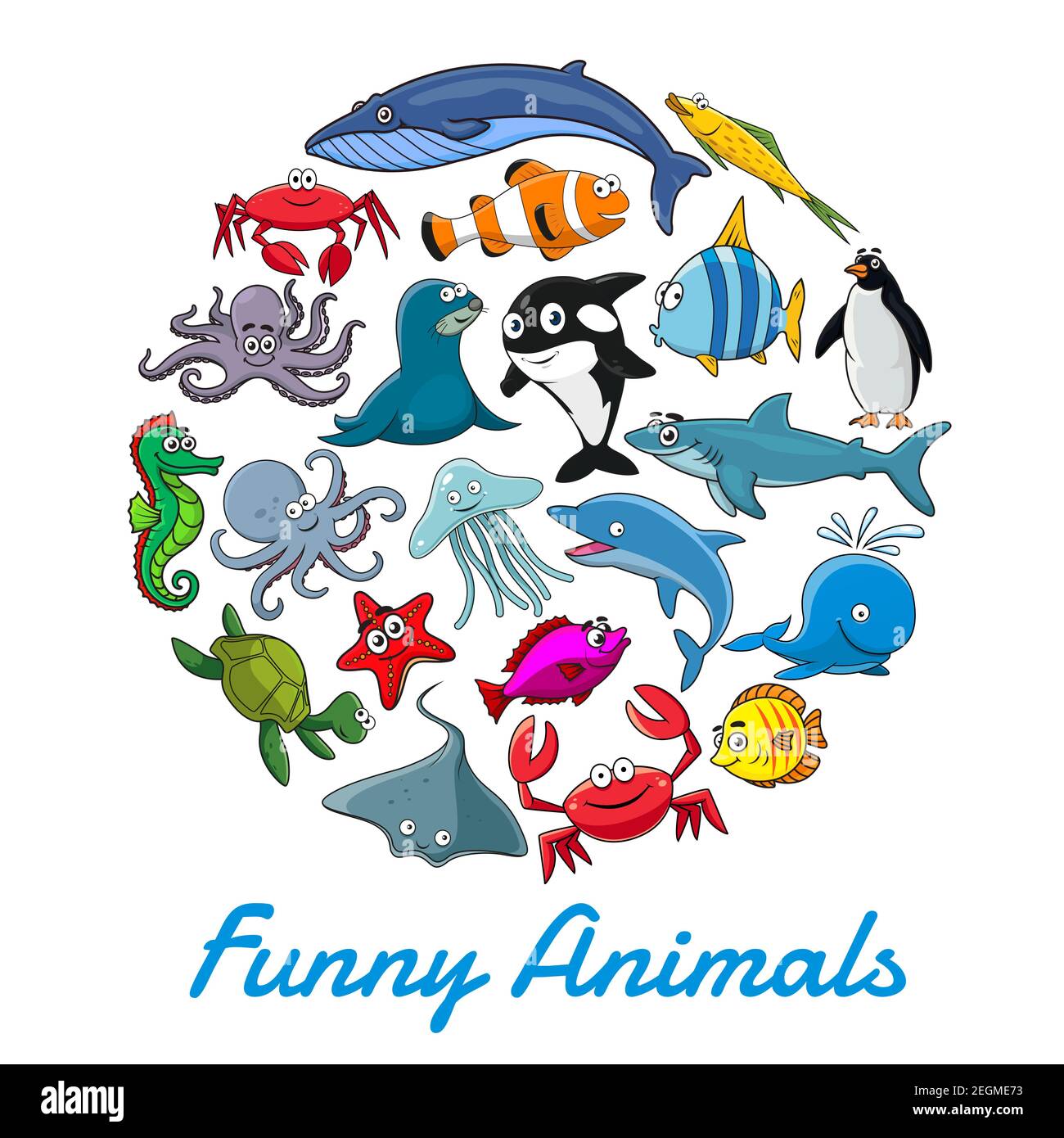 Affiche de dessins animés sur les animaux de mer et les poissons pour la conception de l'océanographie. Icônes vectorielles de dauphin, tortue marine ou plie et baleine avec requin, morse drôle et Illustration de Vecteur