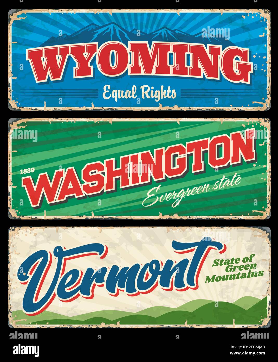 Washington, Vermont et Wyoming États-Unis signes vintage. Bannières de voyage et de tourisme Vector avec les États américains de montagne à feuilles persistantes, égales et vertes Illustration de Vecteur