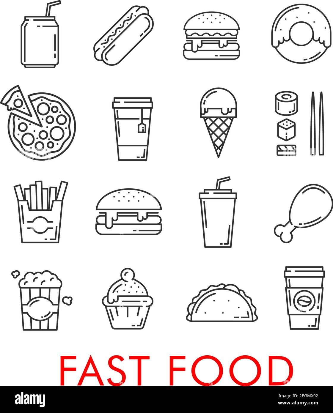 Les plats rapides sont des icônes de hamburgers, de sandwichs ou de pizza et de crème glacée. Vector isolé tacos mexicains ou burrito, beignet au chocolat ou soda et poulet Illustration de Vecteur