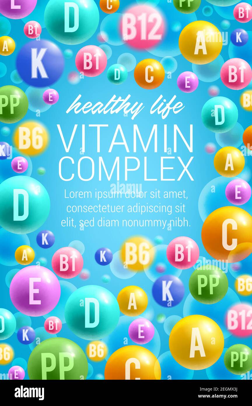 Affiche publicitaire sur les vitamines et les multivitamines pour une vie saine ou un supplément alimentaire complexe. Conception de l'emballage Vector pour les minéraux pharmaceutiques et le vitami Illustration de Vecteur