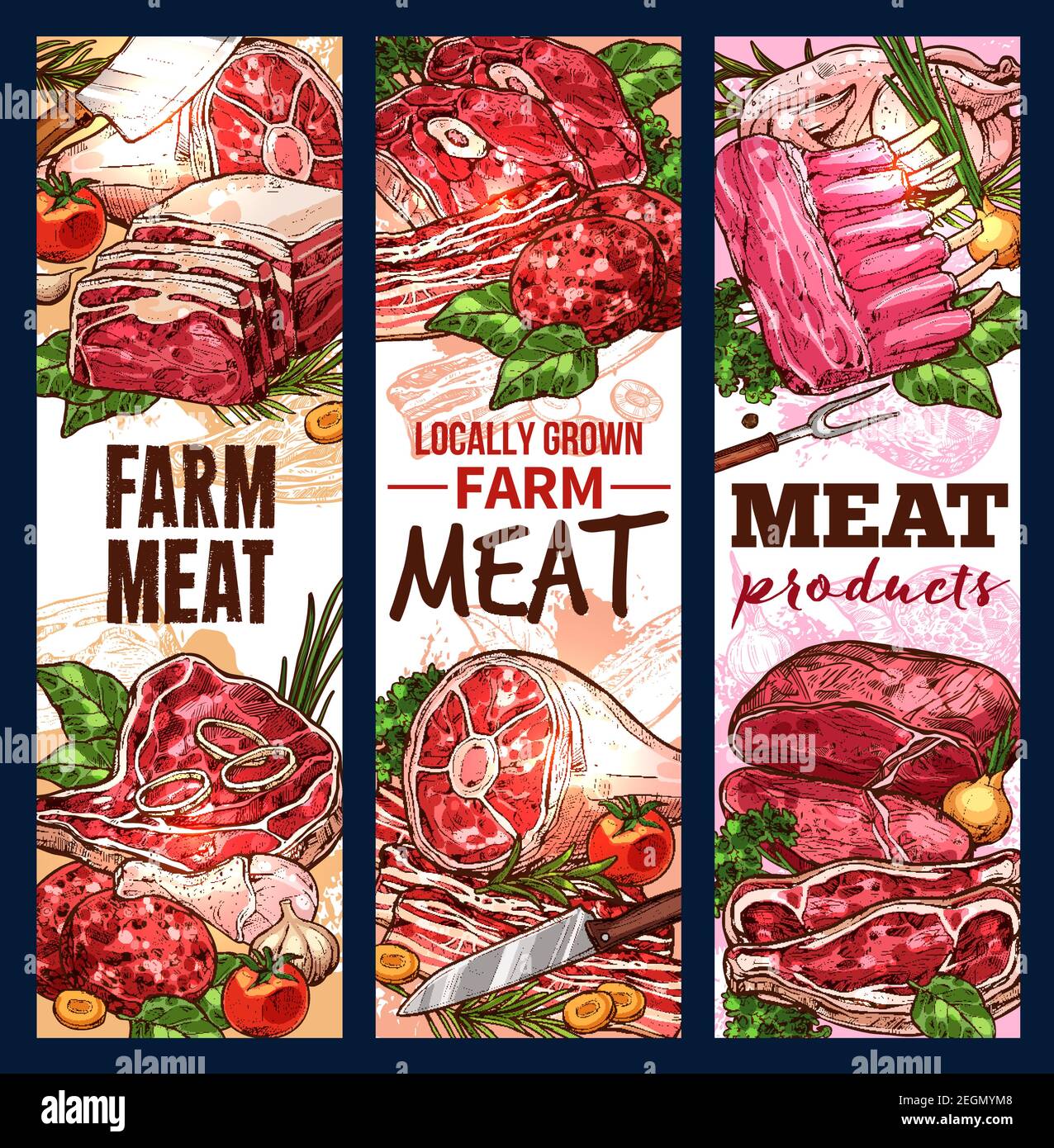 Banderoles de croquis de maison de viande pour la boucherie de la ferme. Dessin vectoriel de viande et saucisses cervelis, pepperoni, filet de porc ou steak de bœuf et poitrine ou jambon Illustration de Vecteur