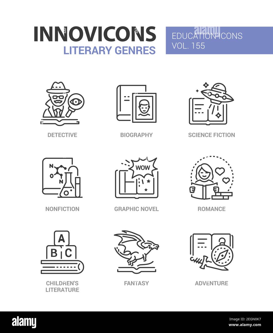 Genres littéraires - jeu d'icônes de style de dessin au trait. Librairie, lecture, contenu de bibliothèque. Détective, biographie, science fiction et non-fiction, livres pour ch Illustration de Vecteur
