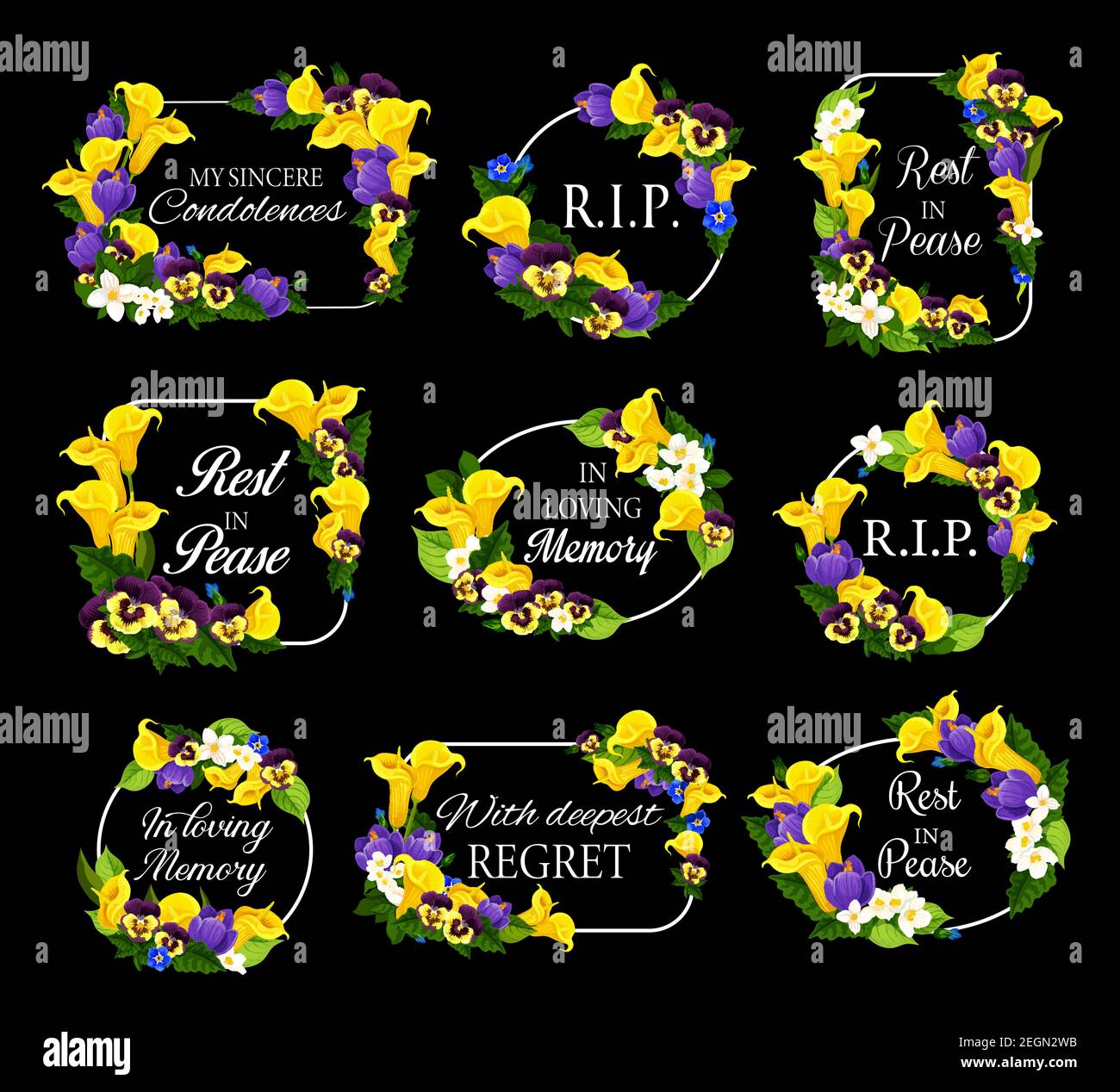 Cadres funéraires avec couronne de fleurs de printemps. Cartes vectorielles au décor funkeal avec nénuphars jaunes, fleurs de pansy et de jasmin, crocus, violons bleus ou gerani Illustration de Vecteur