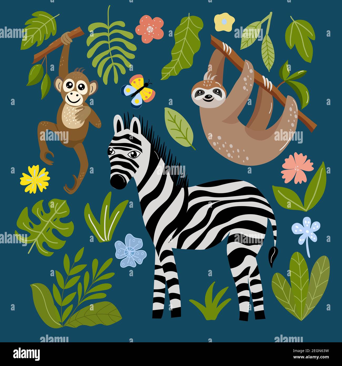 Ensemble d'animaux tropicaux - zèbre, singe, sloth Illustration de Vecteur