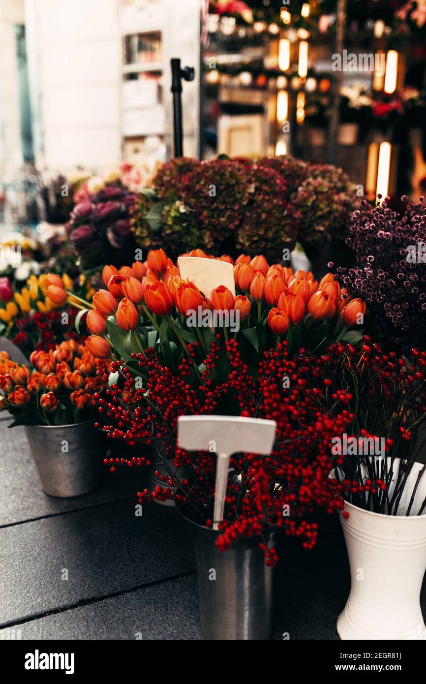 Différentes fleurs dans une fenêtre de salon de boutique avec prix vide balises Banque D'Images