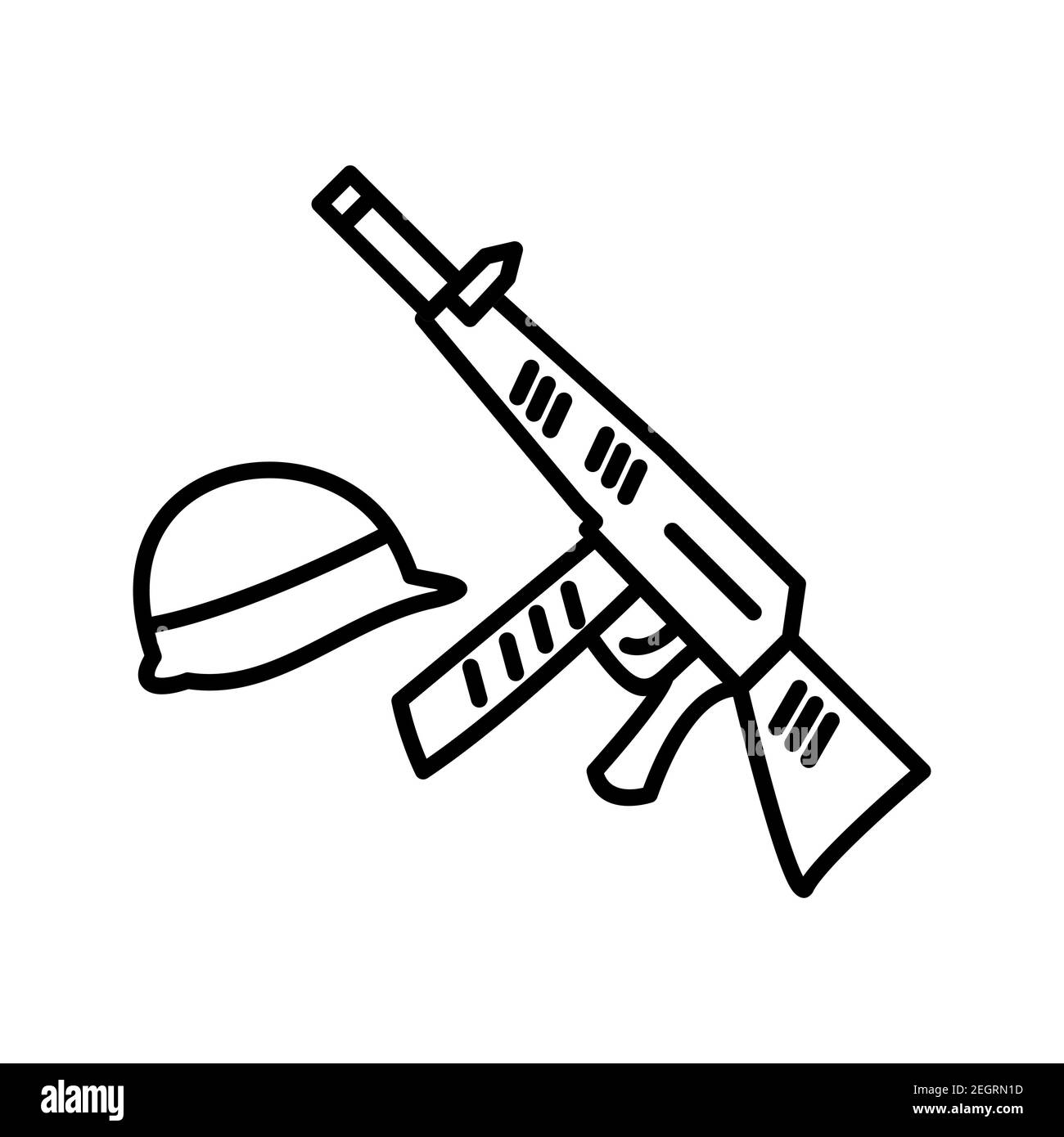 Illustration de l'icône de vecteur de ligne de canon et de casque isolée sur arrière-plan blanc Banque D'Images