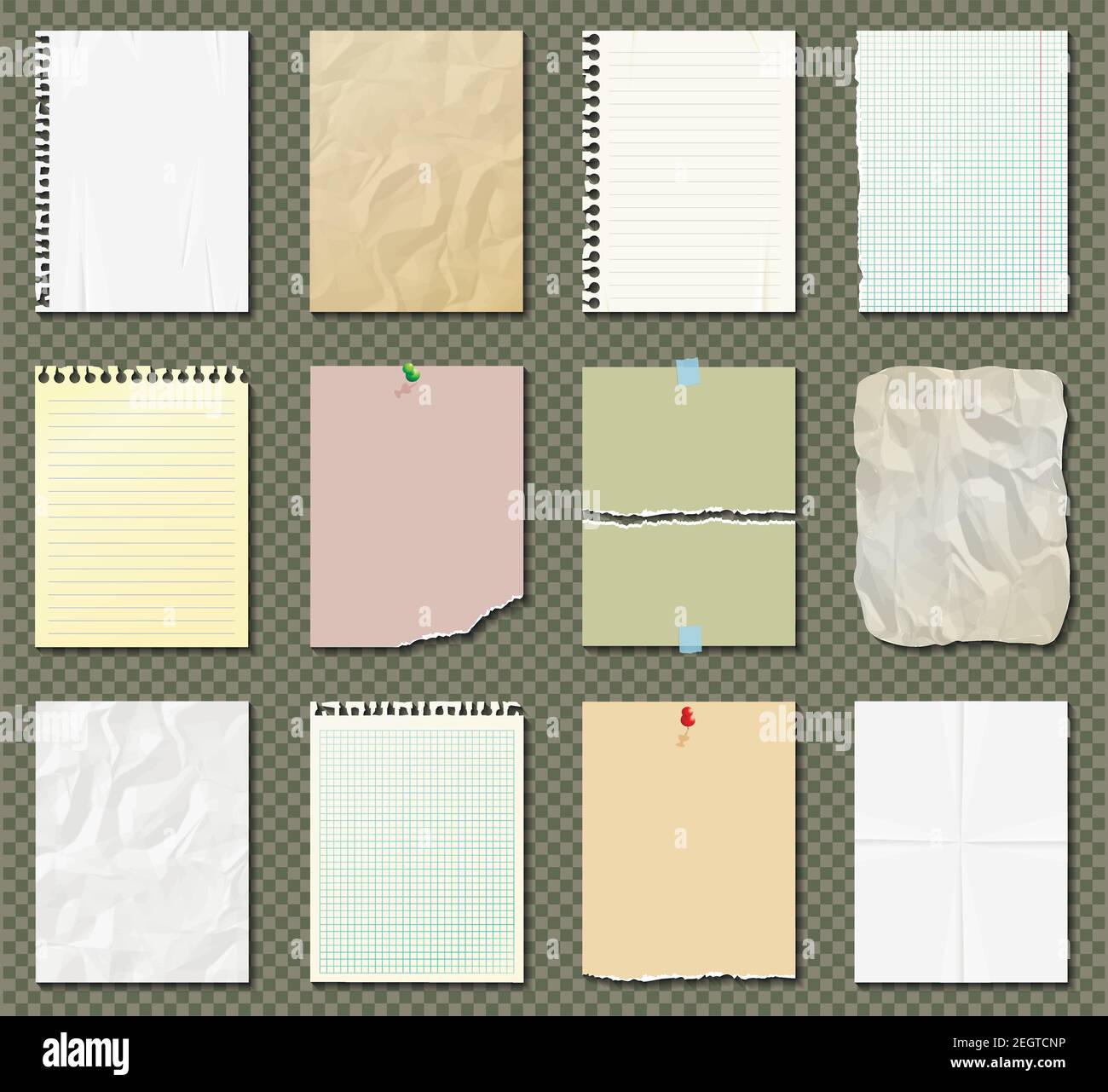 Feuilles de papier blanches et colorées, papier pour ordinateur portable, feuilles de papier déchirées sur fond transparent. Illustration de Vecteur