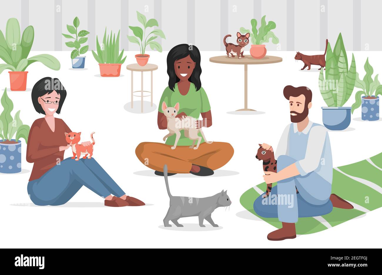 Illustration d'un café Cat ou d'un magasin d'animaux de compagnie. Des femmes et des hommes heureux dans des vêtements décontractés assis sur le sol et embrassant les petits animaux domestiques mignons. Passer du temps avec les chats, concept d'abri pour animaux. Illustration de Vecteur