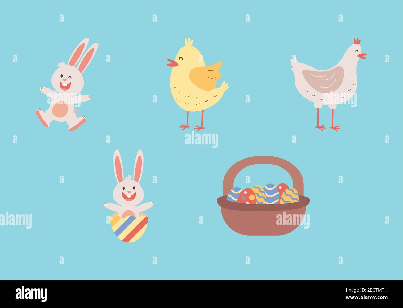 groupe de lapins de pâques avec des poulets et des œufs peints motif d'illustration vectoriel de panier Illustration de Vecteur