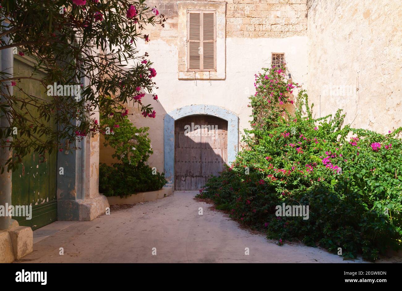 Vue sur la rue avec une ancienne porte en bois et des fleurs par beau temps. Malte, Rabat Banque D'Images