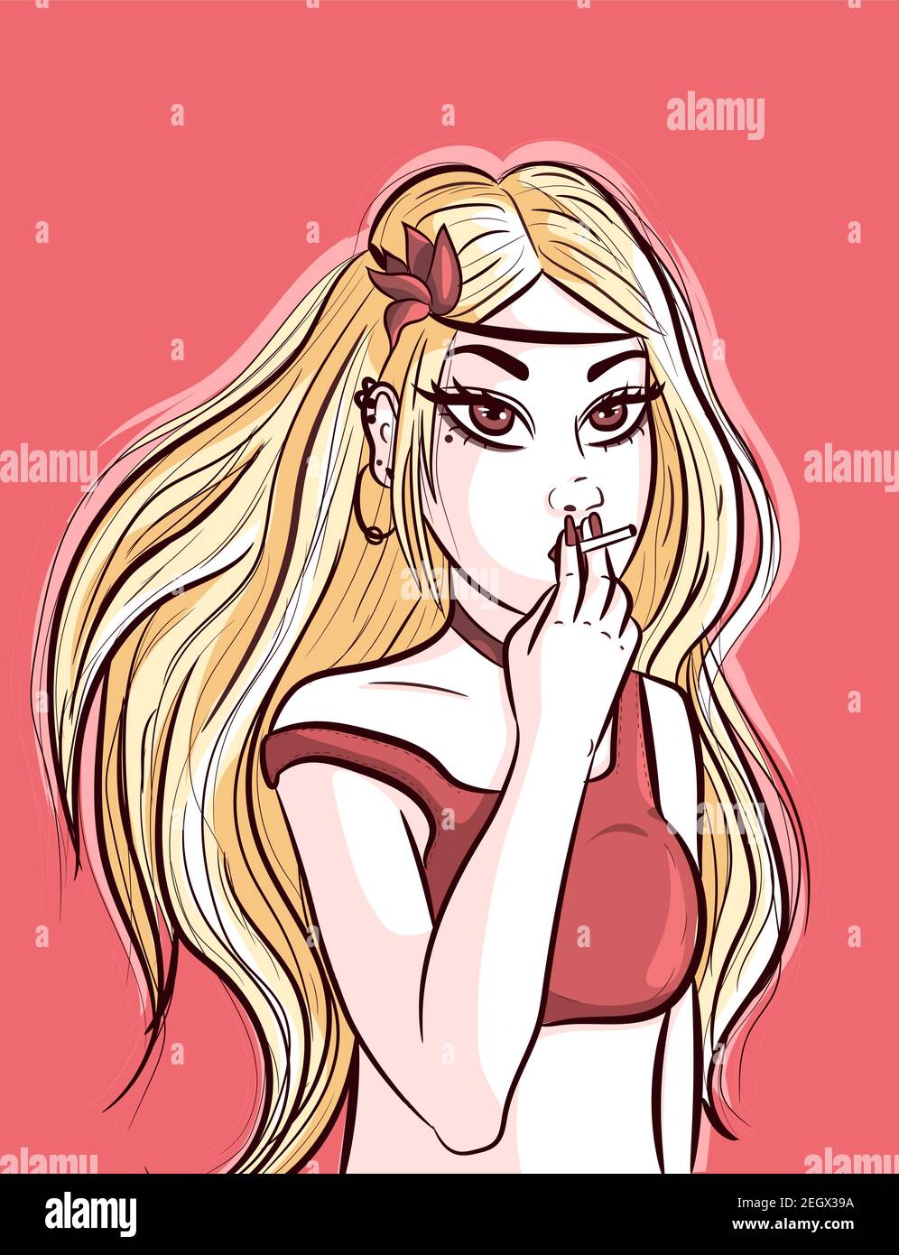 Blonde anime fille avec de longs cheveux portant un bandana et une fleur. Vector art avec une femme hippie qui fait froid et fume une cigarette. Illustration de Vecteur