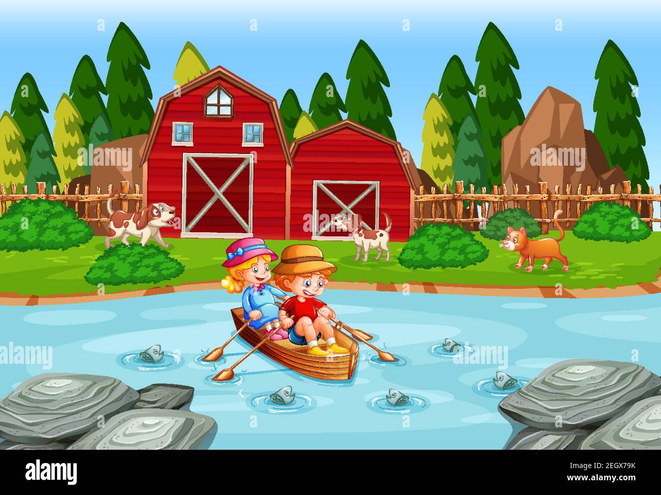 Les enfants sont à la rangée du bateau dans l'illustration de la scène de la ferme de ruisseau Illustration de Vecteur