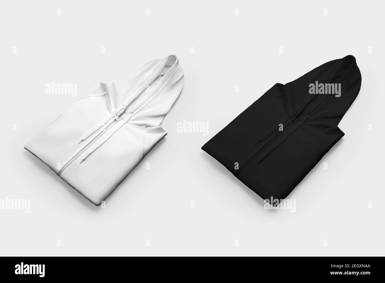 Modèle de sweat-shirt blanc et noir avec fermeture à glissière, cordons de serrage, sweat à capuche plié de marque pour le design. Vêtements vierges maquette de présentation isolée sur bac Banque D'Images
