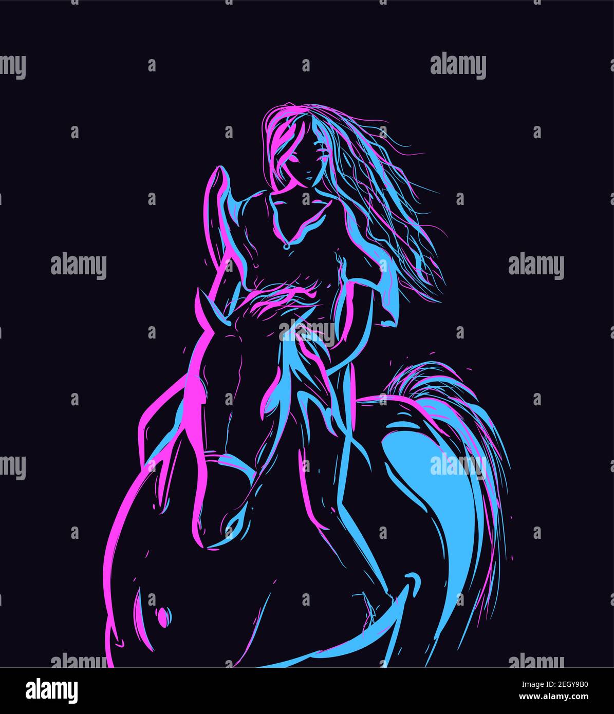 Art conceptuel néon avec une silhouette de femme à cheval. Illustration d'un championnat à plat pour le Kentucky derby. Illustration de Vecteur