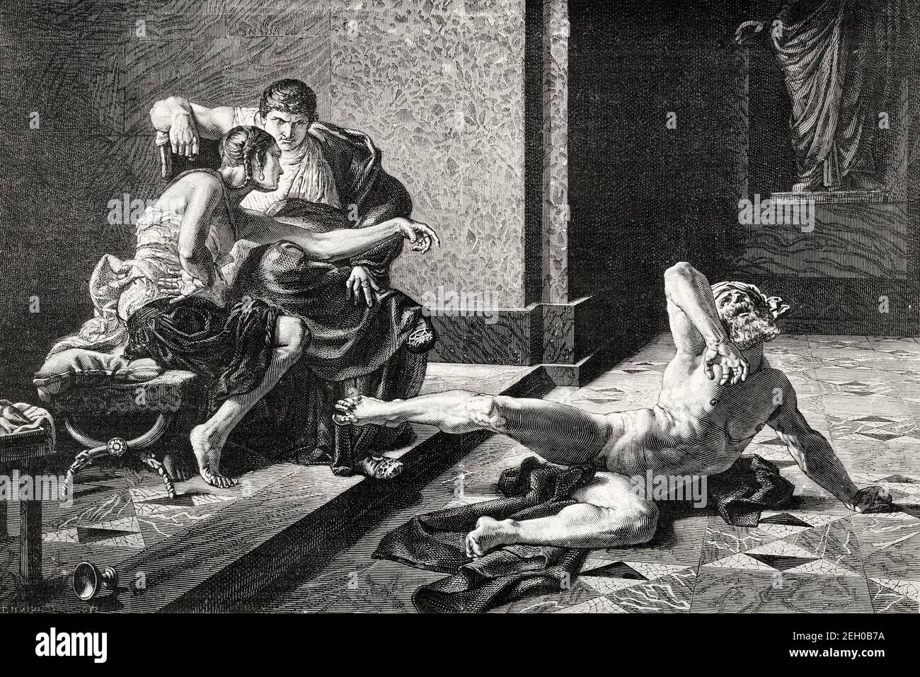 Nero et Locusta. Locusta était un esclave de la Rome antique, empoisonneur dans les services d'Agrippina, mère de Nero, elle a empoisonné Claudius et son fils Tiberio Claudio César Británico. Elle est considérée comme l'une des plus anciennes tueurs en série. Locusta a été condamné à mort par Galba. Histoire ancienne de Rome. Ancienne illustration gravée du XIXe siècle d'El Mundo Ilustrado 1879 Banque D'Images