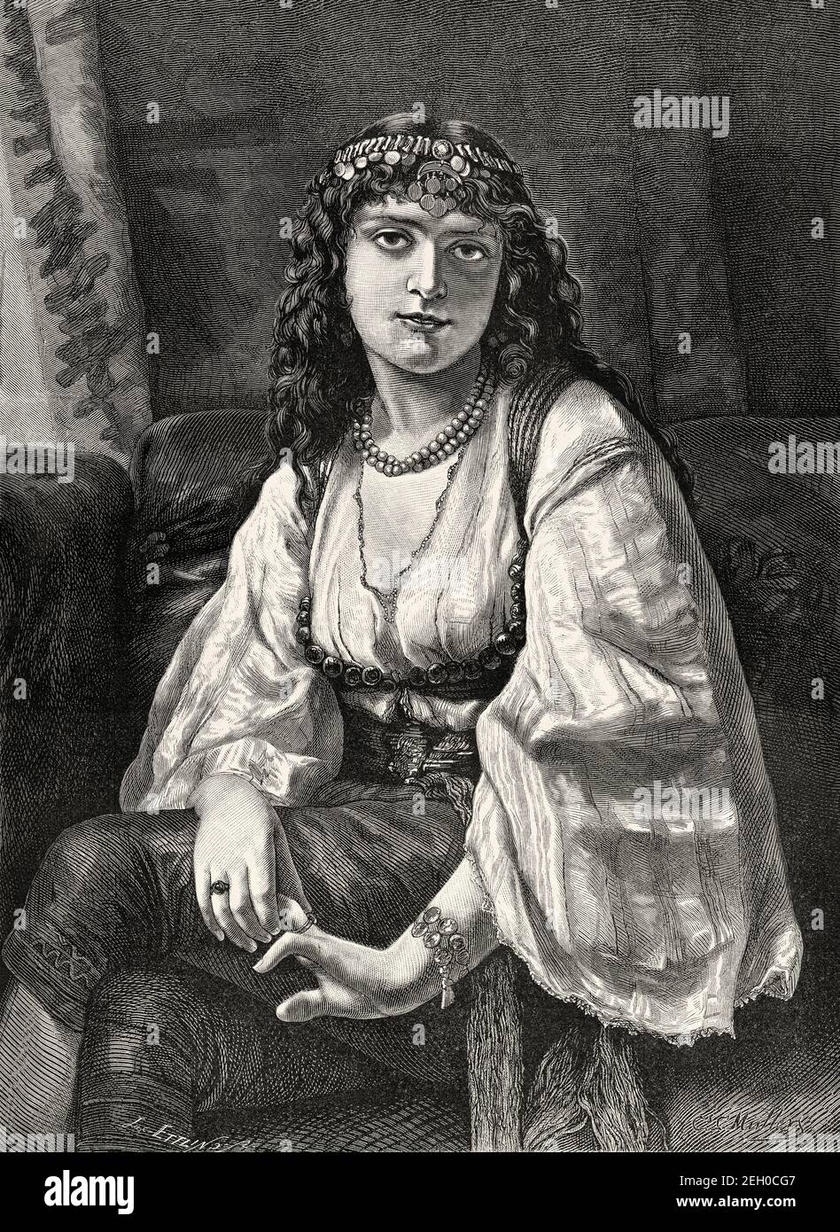 Portrait d'une belle jeune syrienne vêtue de vêtements traditionnels du XIXe siècle, Syrie. Ancienne illustration gravée du XIXe siècle d'El Mundo Ilustrado 1879 Banque D'Images