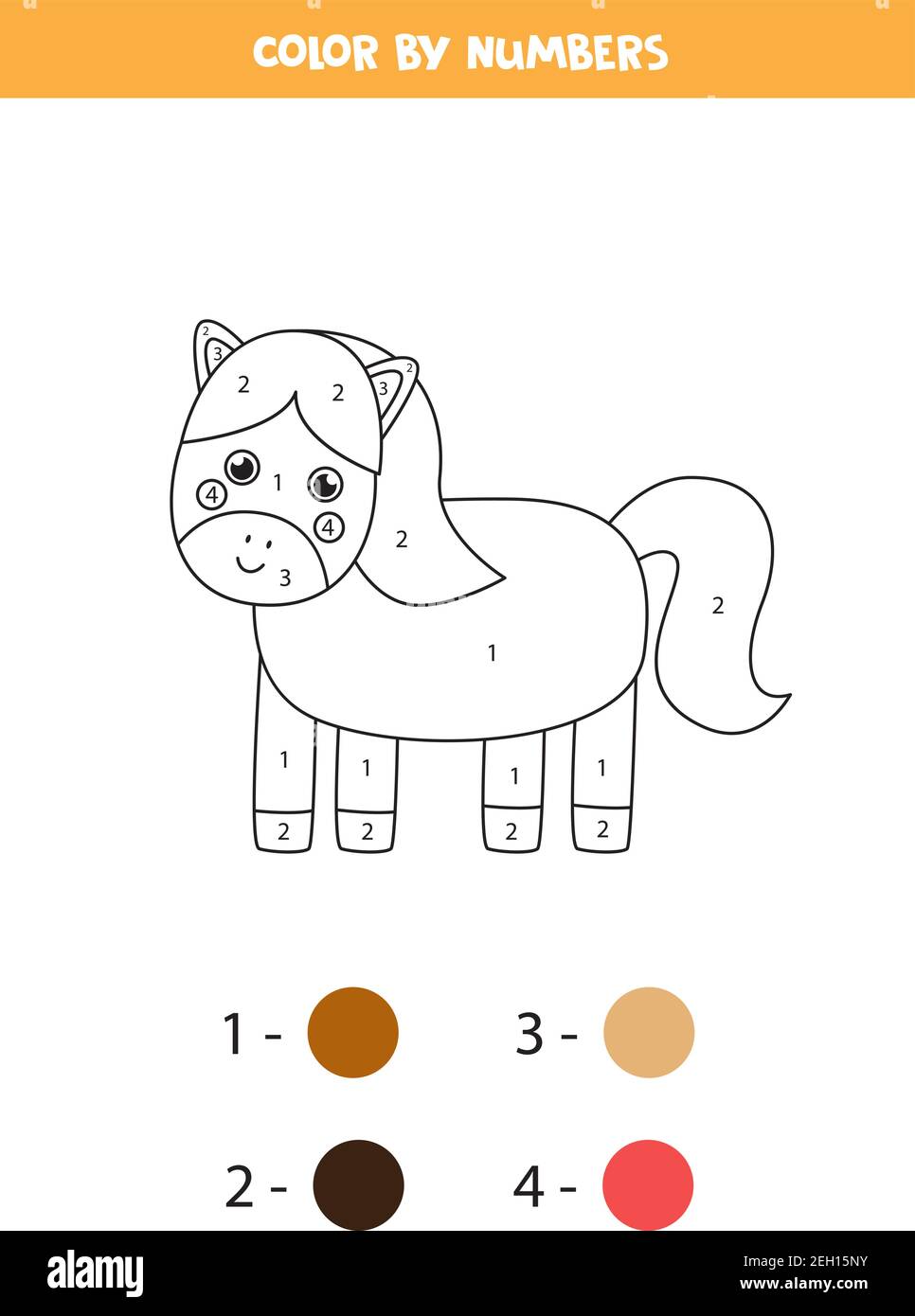 Page de coloriage avec mignon cheval de dessin animé. Couleur par nombres. Jeu de mathématiques pour enfants. Illustration de Vecteur
