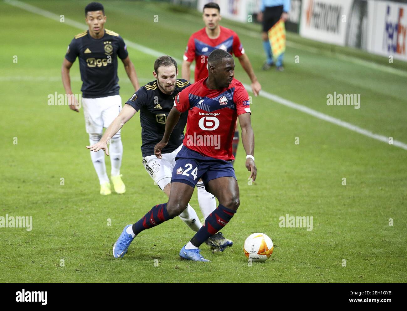 Boubakary Soumare de Lille, Daley Blind of Ajax lors de l'UEFA Europa League, tour de 32, match de football de la 1ère jambe entre Lille / LM Banque D'Images