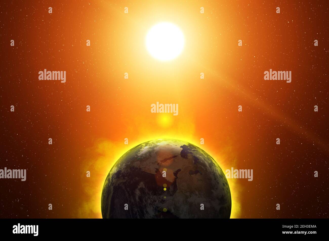 Terre et Soleil. Catasrtoche mondiale concept: Réchauffement planétaire, expansion du soleil, surchauffe de la planète, montée de la température du soleil, trou d'ozone. Banque D'Images