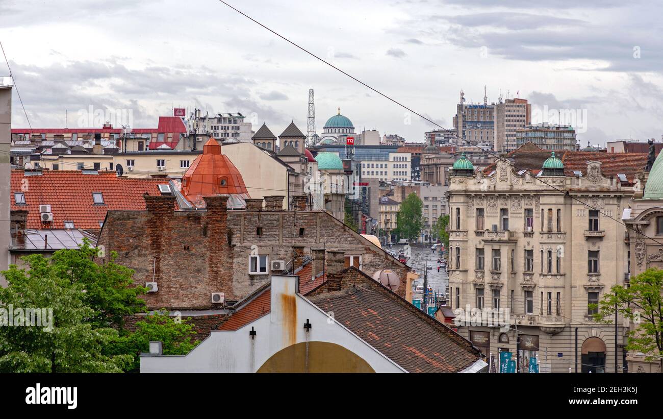 Belgrade, Serbie - 27 avril 2019 : vue sur le toit du centre-ville de Sava Mala, dans la vieille ville de Belgrade, Serbie. Banque D'Images