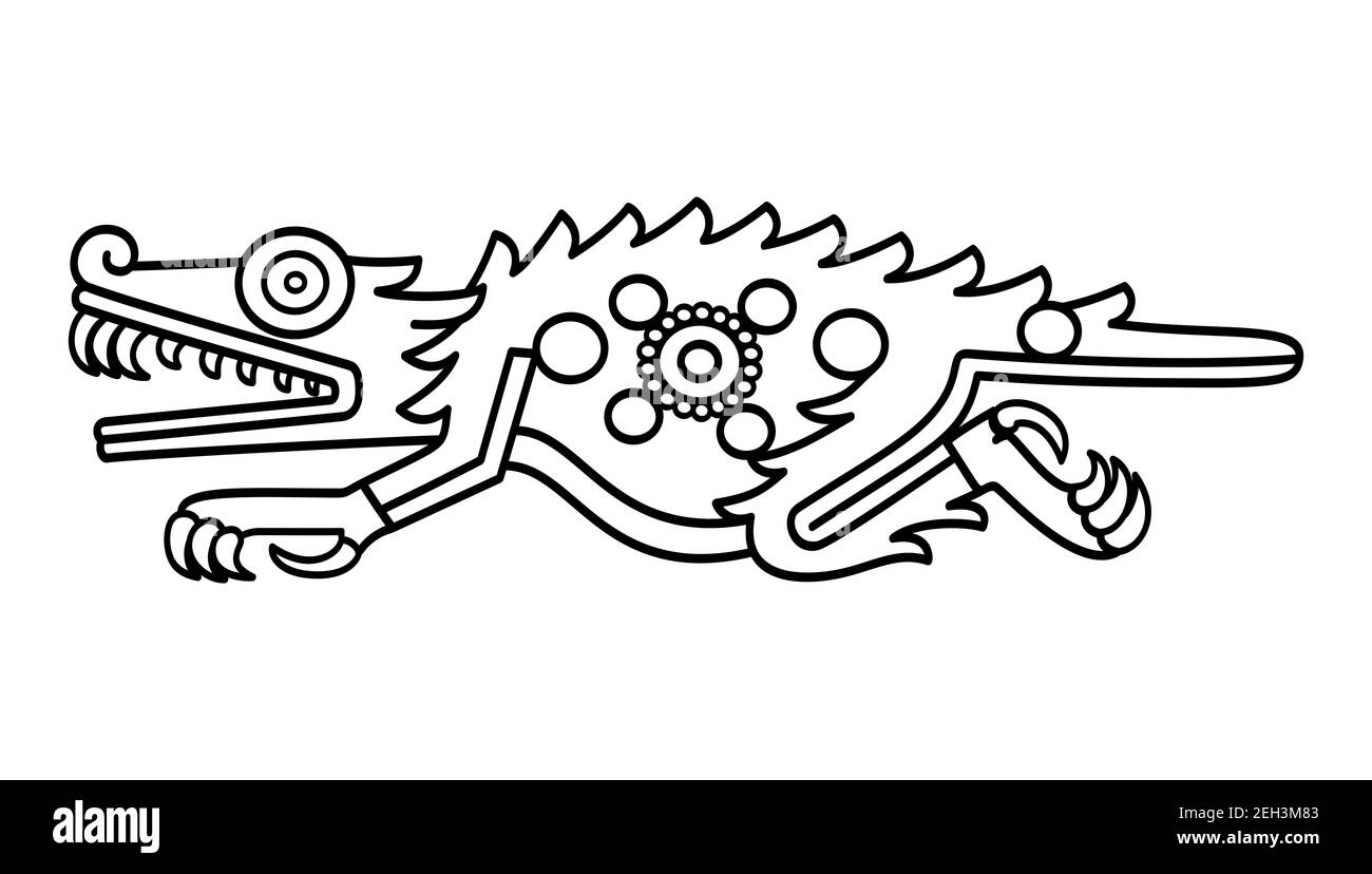 Symbole crocodile Aztec, illustration noire et blanche. Décrit dans Codex Laud au XVIe siècle. Aussi Cipatli, premier jour de la numération divinatoire. Banque D'Images