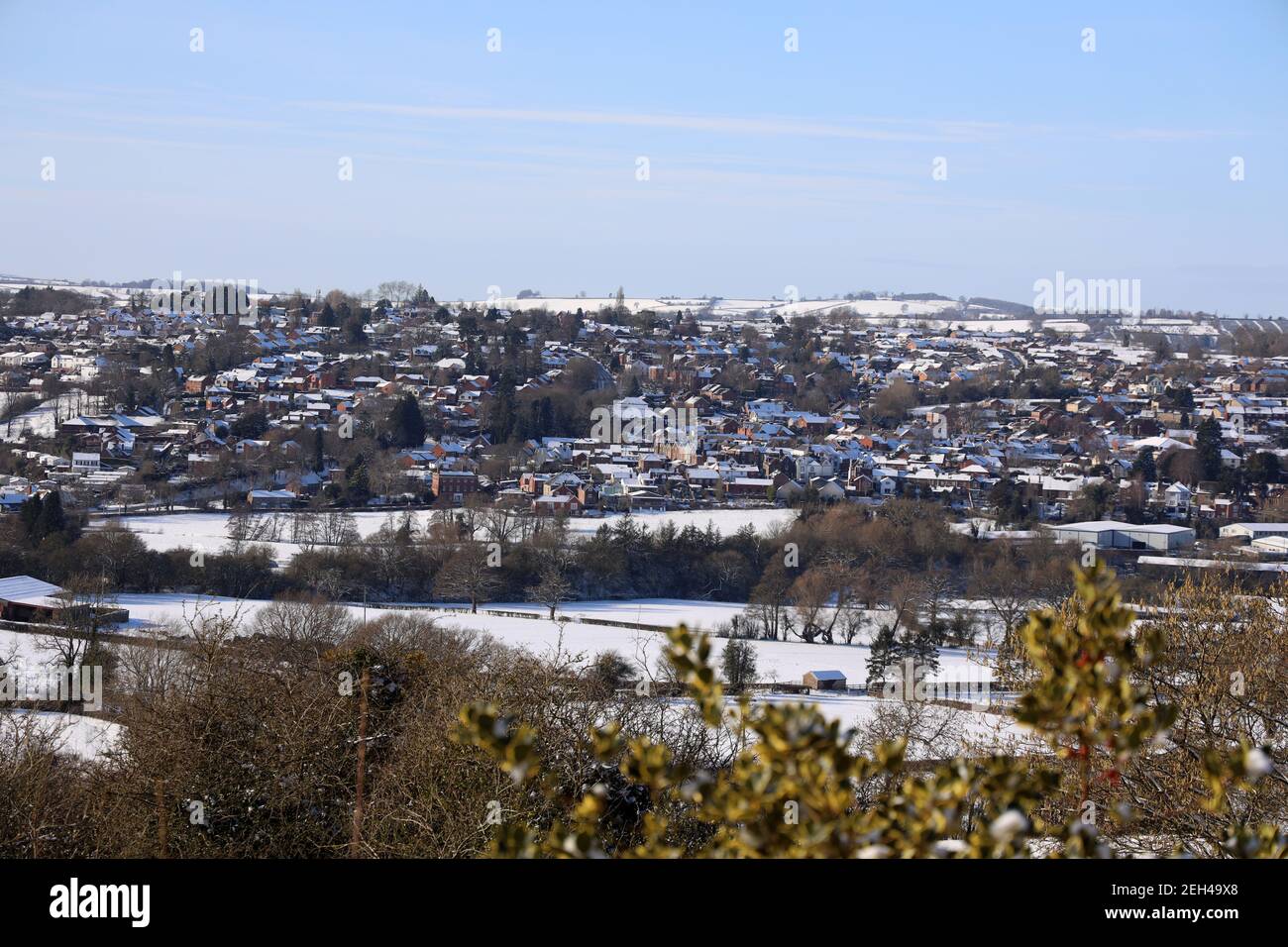 Bromyard. La ville de Bromyard dans le Herefordshire dans la neige. Vue depuis Bromyard Downs. Paysage d'hiver. Banque D'Images