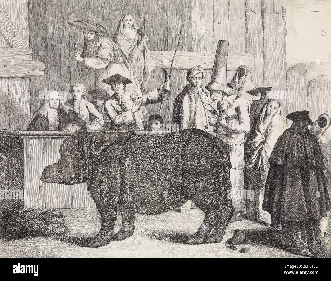 Le Rhinoceros, Clara, au premier plan, son gardien tenant sa corne et un fouet derrière elle au centre avec divers autres spectateurs dans les masques du Carnaval, après ca. 1751. Banque D'Images