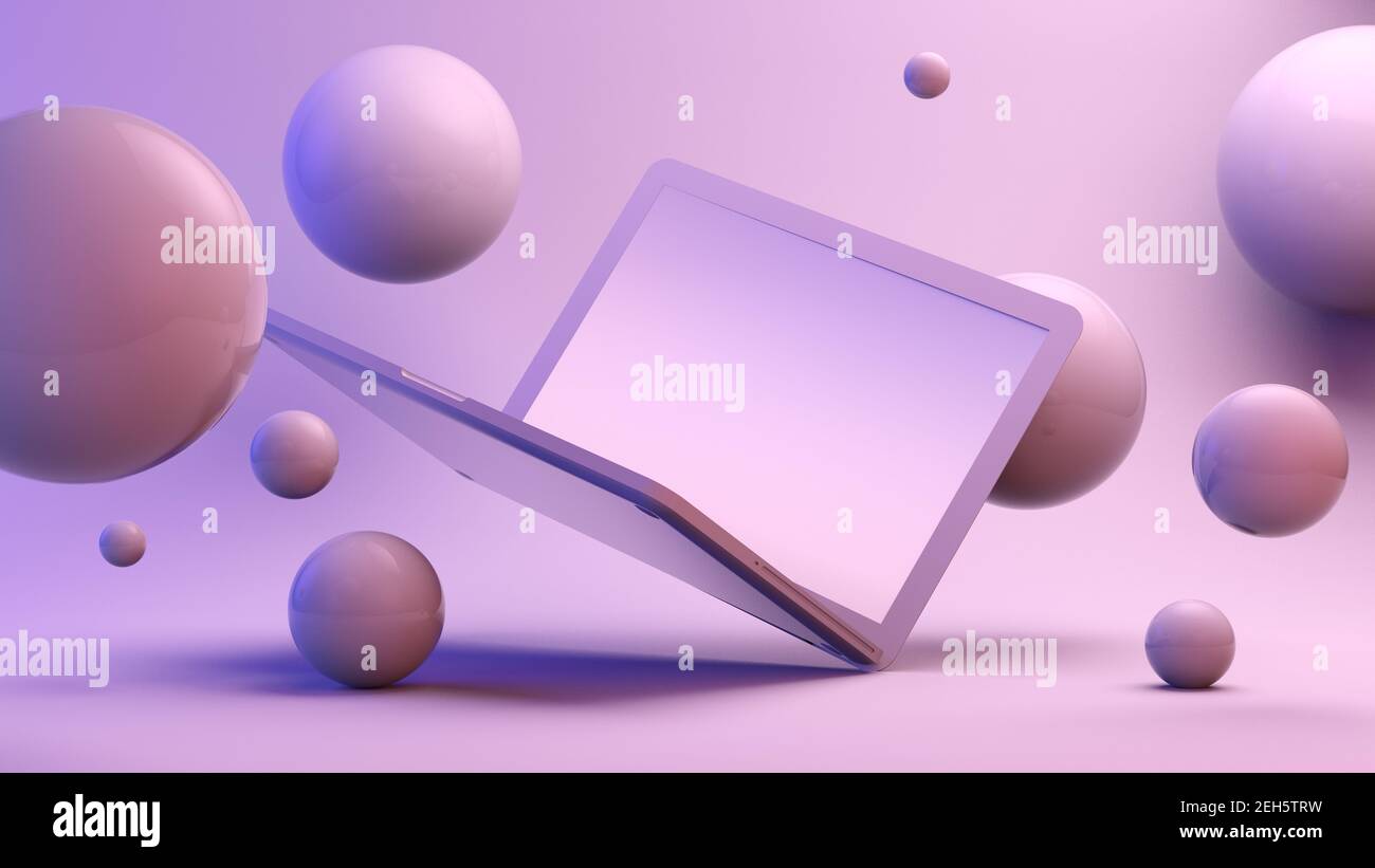 ordinateur portable entouré de sphères 3d rendu maquette Banque D'Images