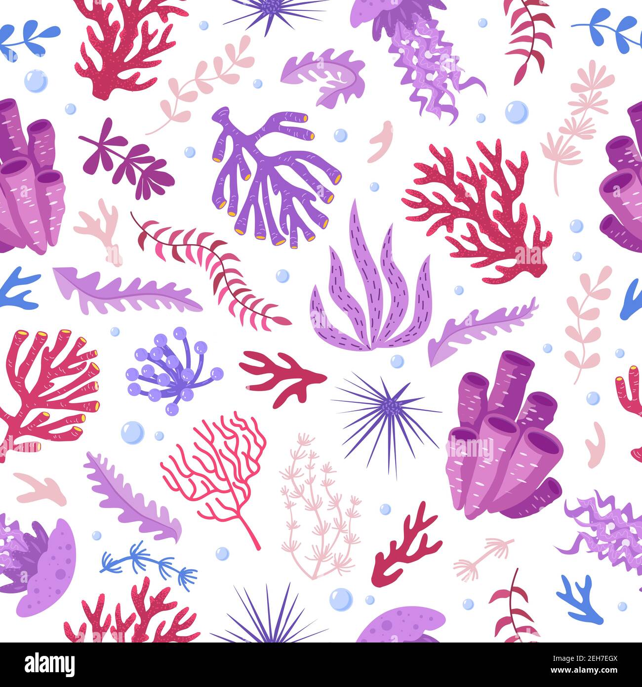 Motif sans couture avec faune marine : coraux, méduses, anémones de mer, algues, oursin, bulles. Illustration vectorielle style dessiné à la main pour tissus, papier peint, papier d'emballage. Illustration de Vecteur