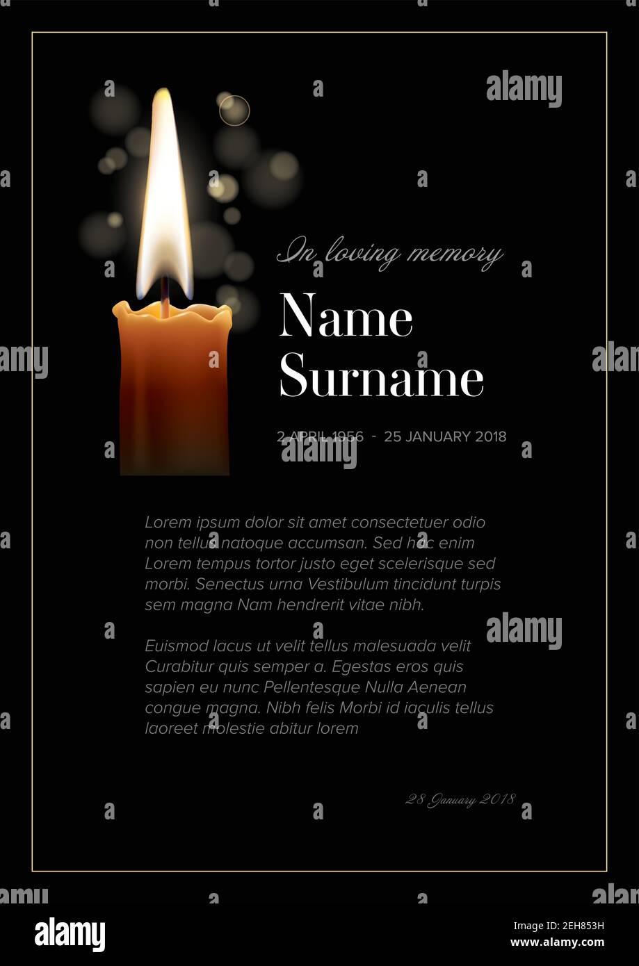 Funérailles noires condoléances avis de décès modèle de carte avec bougie  en feu dans le coin Image Vectorielle Stock - Alamy