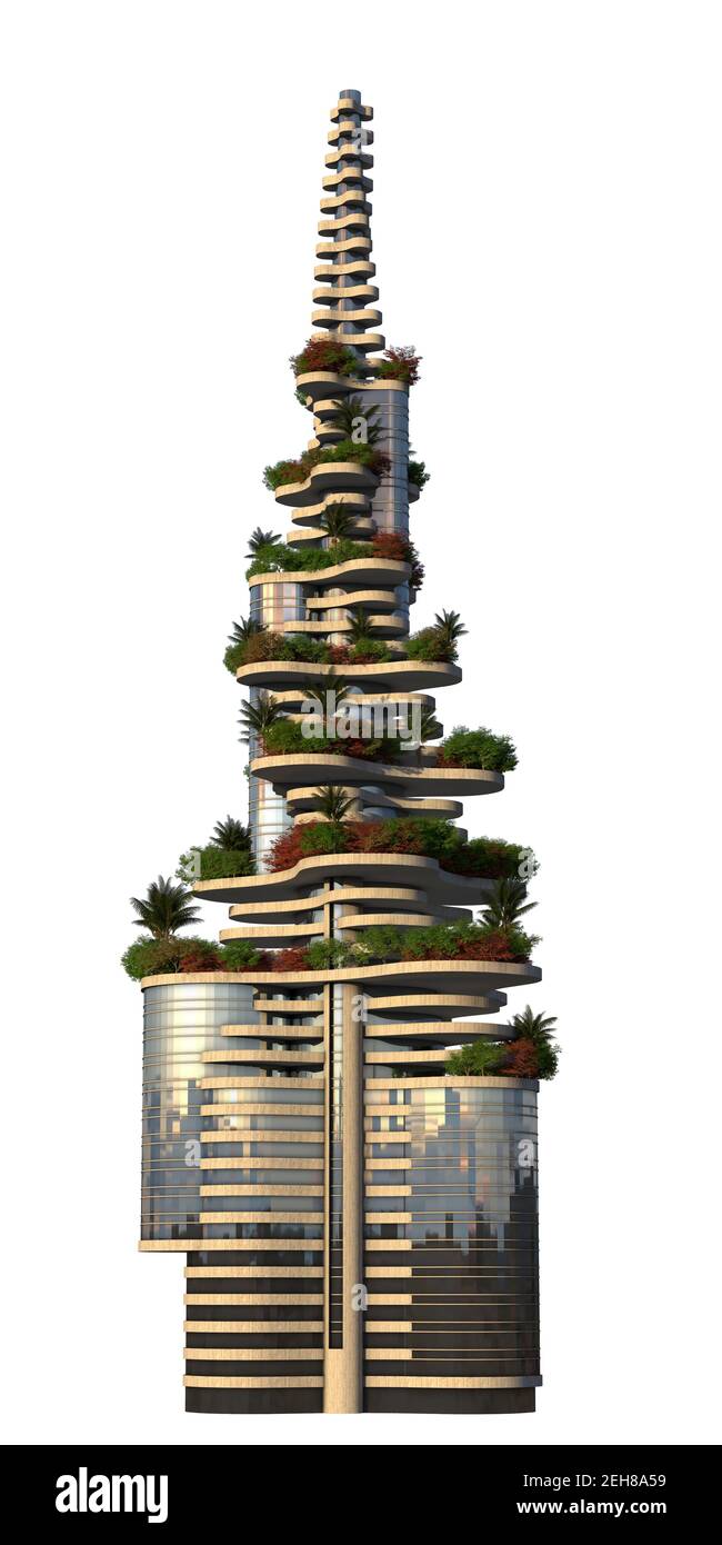 Illustration 3D d'une tour futuriste de la ville avec des terrasses couvertes de végétation, pour des fonds architecturaux verts. Le masque est Banque D'Images