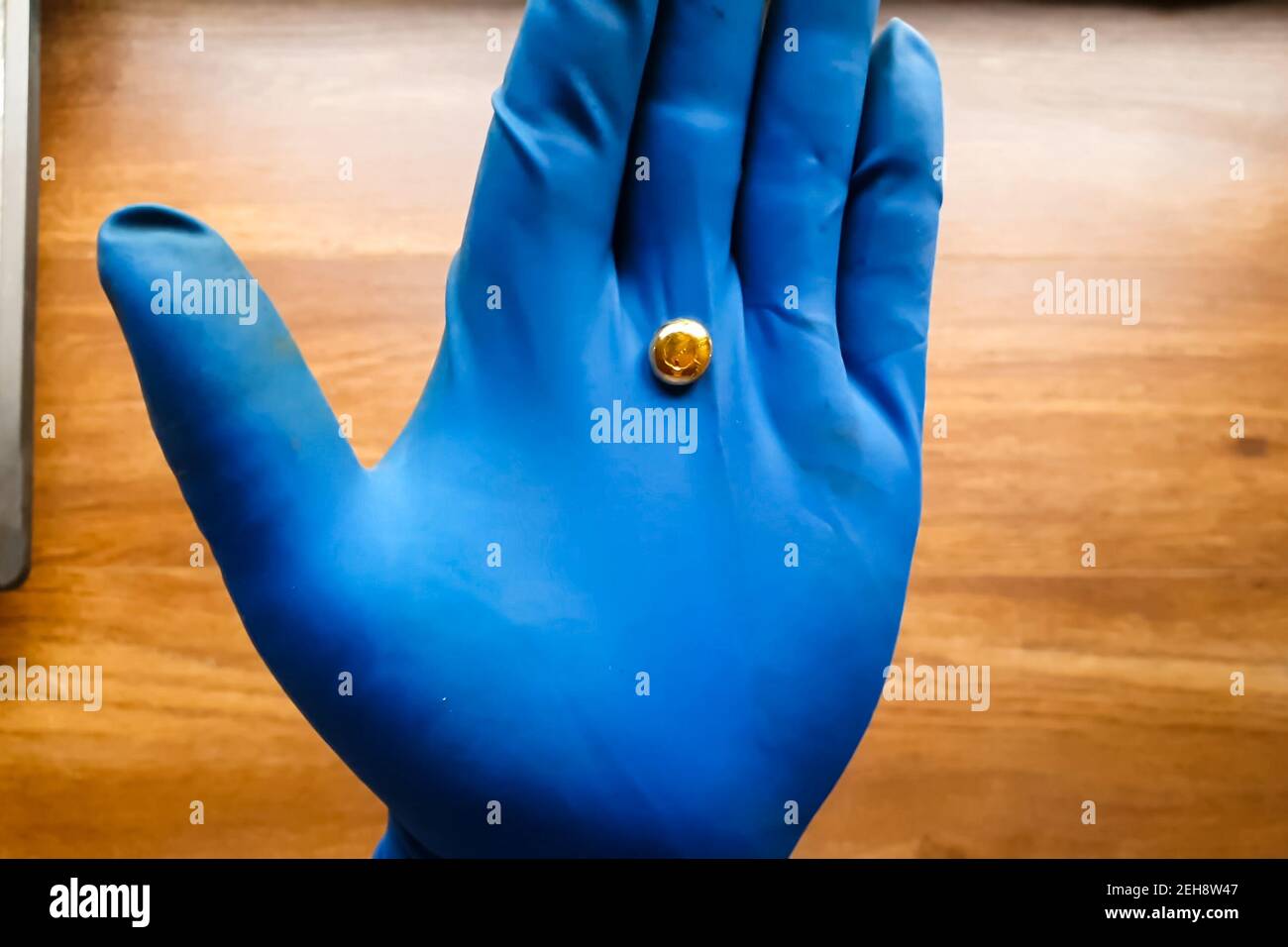 Un petit morceau d'or dans sa main avec un gant. Mini pépite d'or Photo  Stock - Alamy