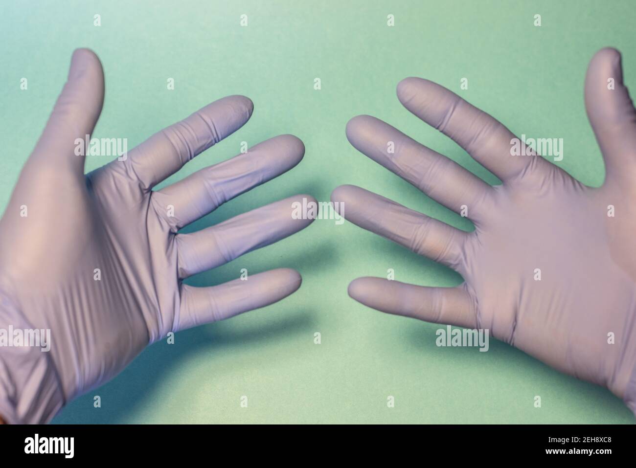 mains avec des gants sanitaires sur le champ vert Banque D'Images