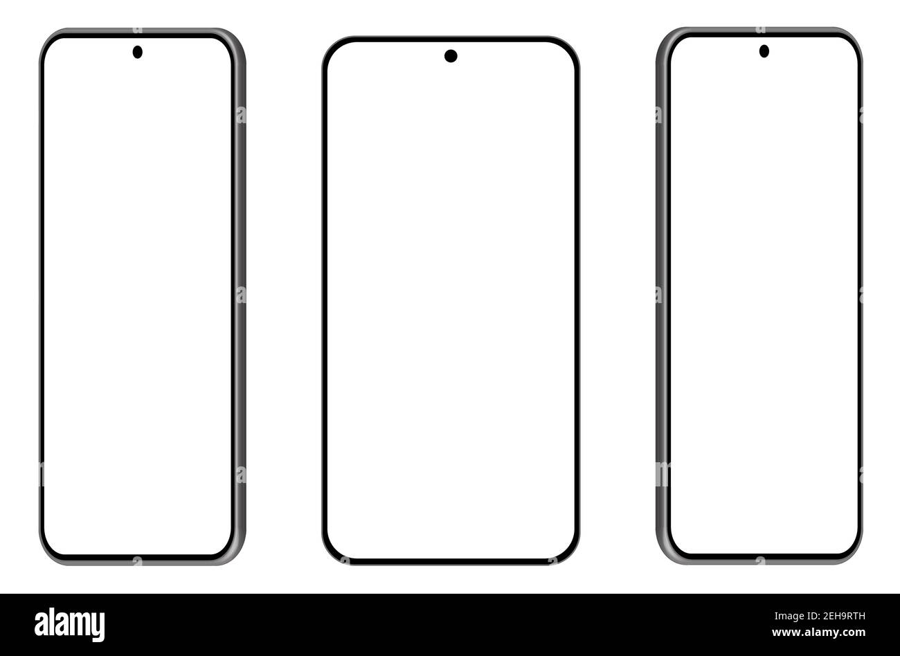 Trois maquettes 3D pour smartphone sous différents angles, projections. Design moderne de l'interface utilisateur. Écran vide, noir sur fond blanc. Illustration de Vecteur