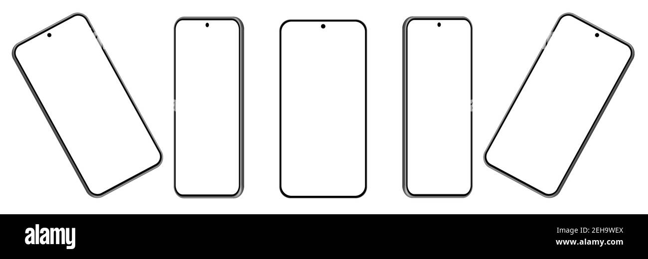 Cinq maquettes 3D pour smartphone sous différents angles, projections. Design moderne de l'interface utilisateur. Écran vide, noir sur fond blanc. Illustration de Vecteur