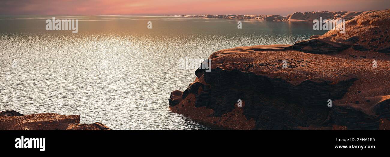 Eau liquide dans le paysage martien précoce, cratère de Jezero sur la planète ancienne Mars Banque D'Images