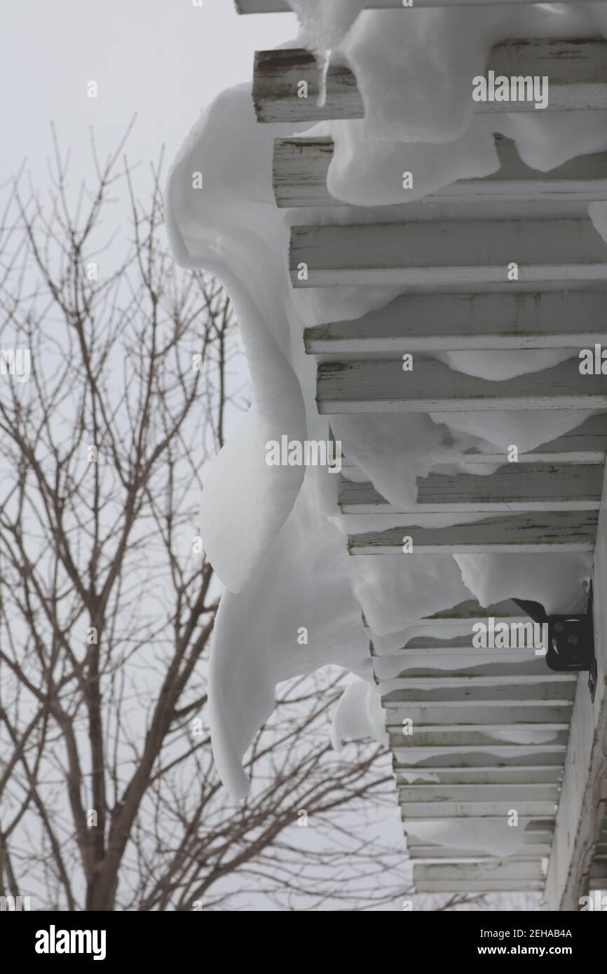 Neige surplombant le bord d'une pergola, en forme de vague, après une tempête de neige à Trevor, Wisconsin, États-Unis Banque D'Images