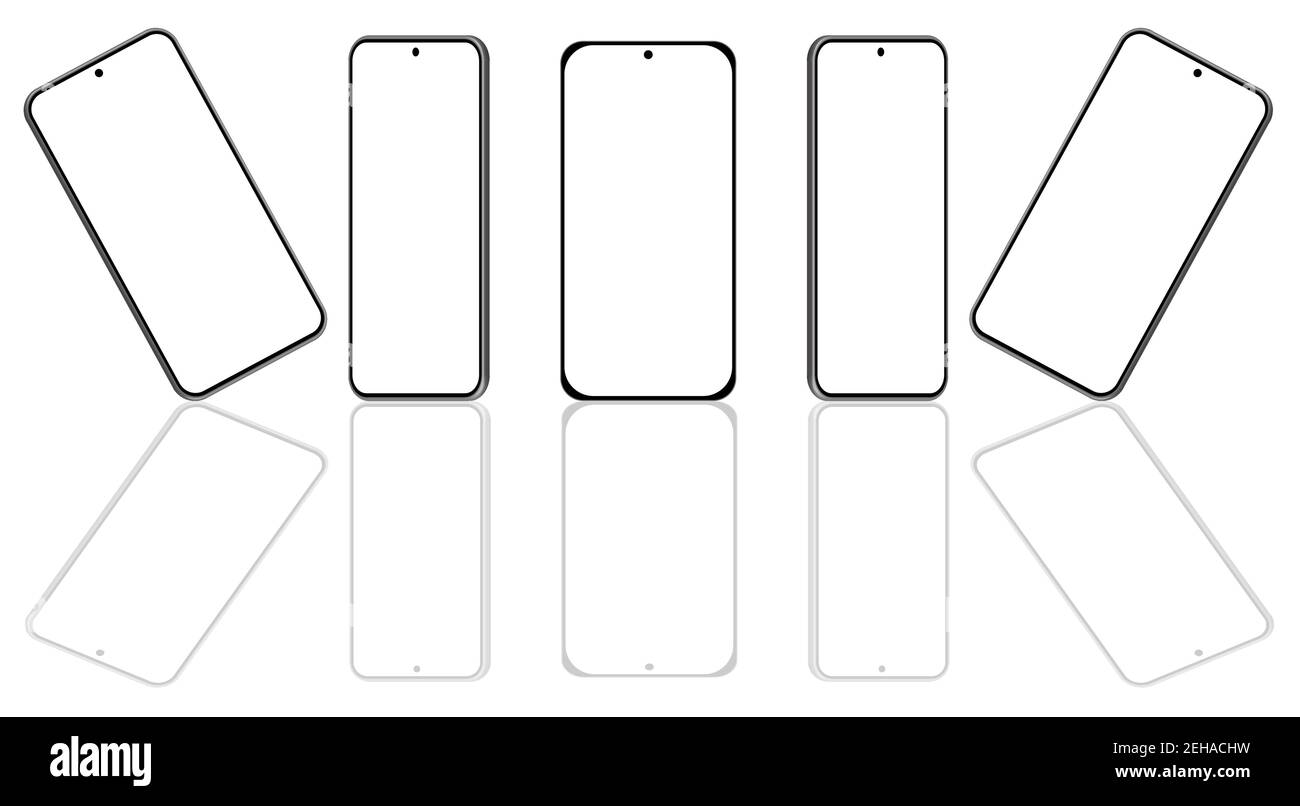 Cinq maquettes 3D pour smartphone sous différents angles, projections. Design moderne de l'interface utilisateur. Écran vide, noir sur fond blanc. Illustration de Vecteur